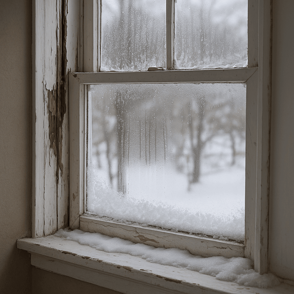 Frosted window with peeling paint and snow on the sill, overlooking a blurred, snowy landscape. The scene conveys a cold, serene winter day.