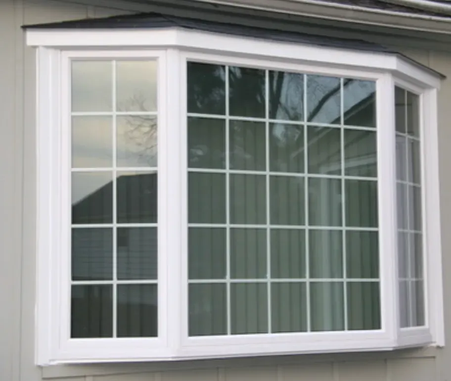A white framed bay window with multiple glass panes is set against a light gray wall. Reflections and bare trees are visible in the glass.