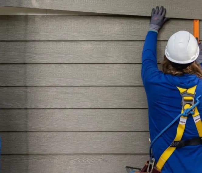 A construction worker in a blue shirt and safety harness adjusts a panel on a wall. The worker wears a white hard hat and gloves, suggesting a focused tone.