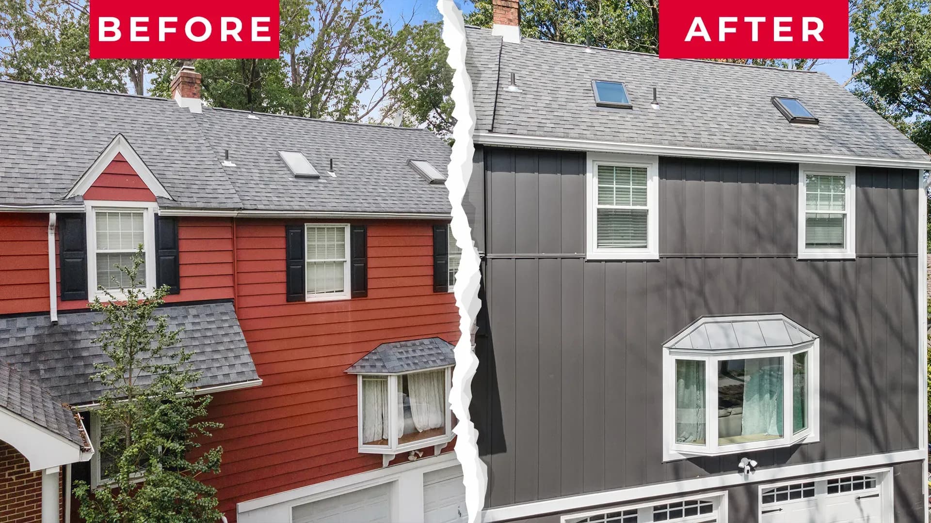 Split image of a house before and after renovation. Left side shows red siding with black shutters, right side shows gray siding with modern windows.